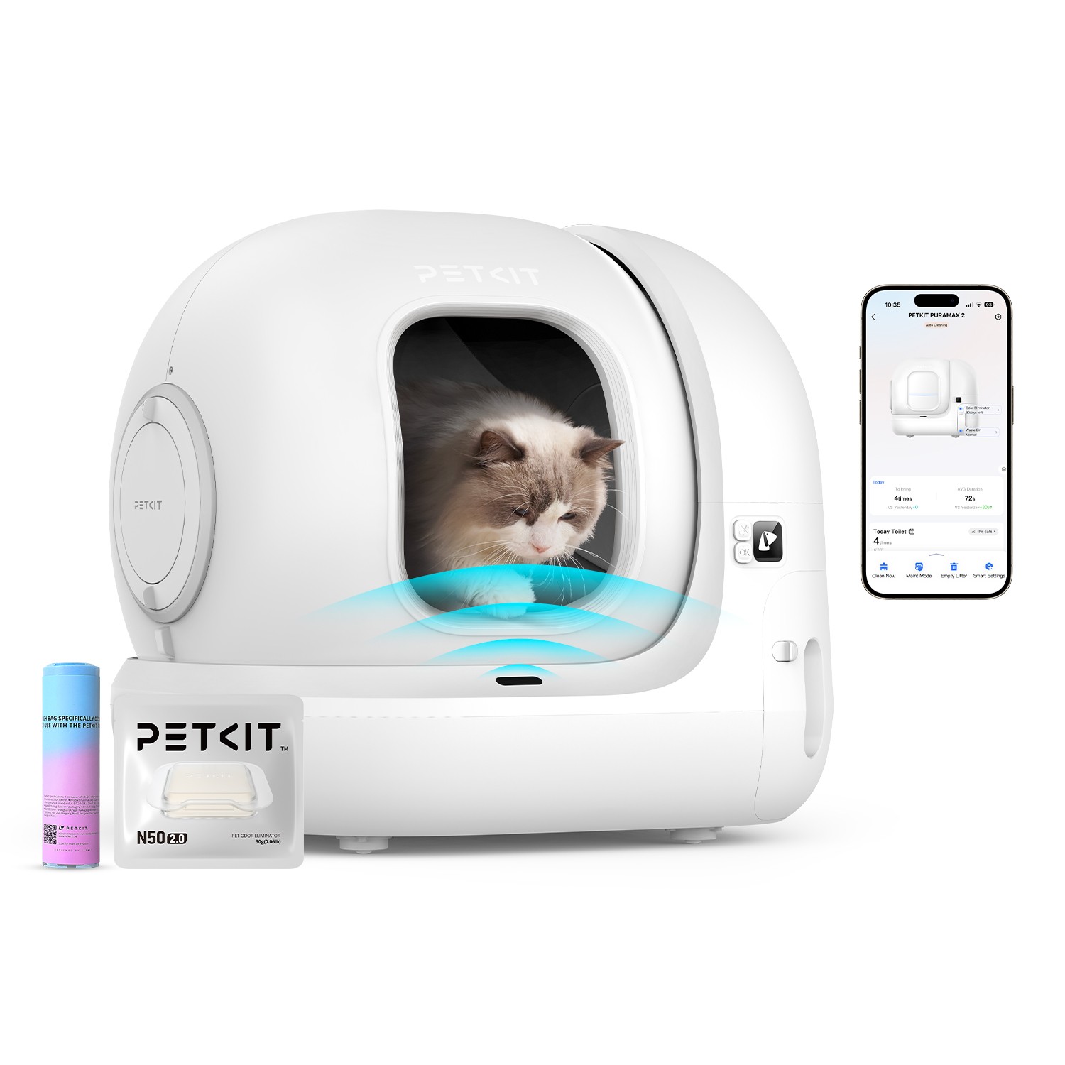 PETKIT PuraMax2 Self Cleaning Cat Litter Box 76L w/ N50&Trash bag No Odor Spray