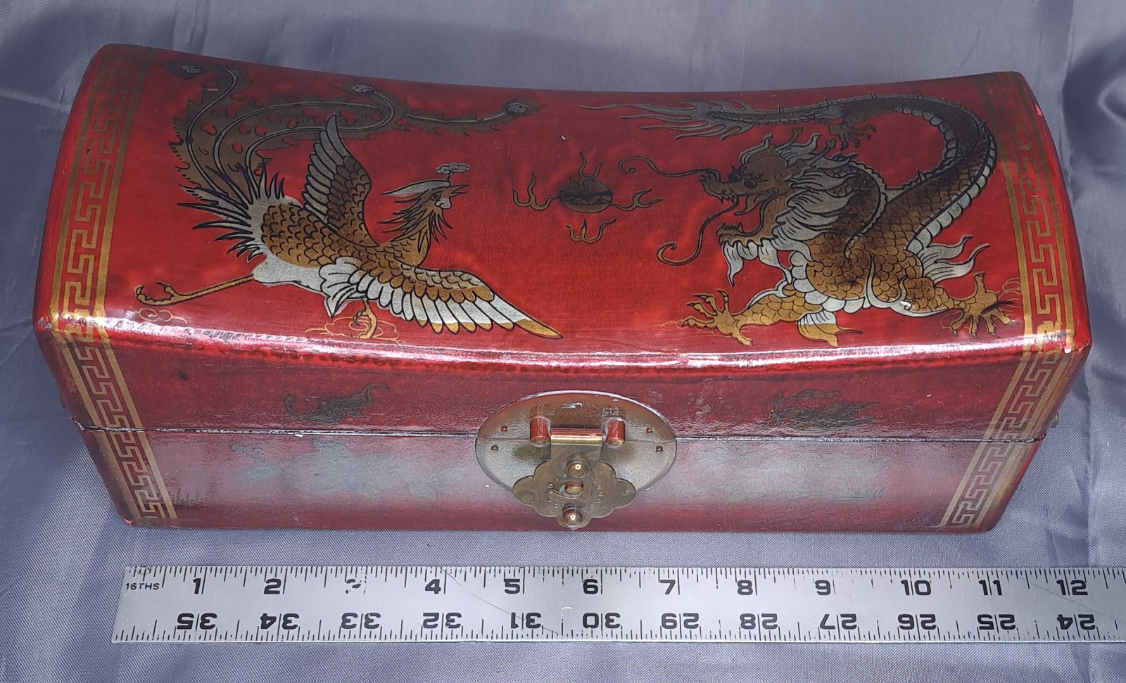 Vintage Chinese Dragon Phoenix Pillow Jewelry Trinket Box Brass Hardware 11.5\ Vintage Chinese Dragon Phoenix Pillow Jewelry Trinket Box Brass Hardware 11.5\