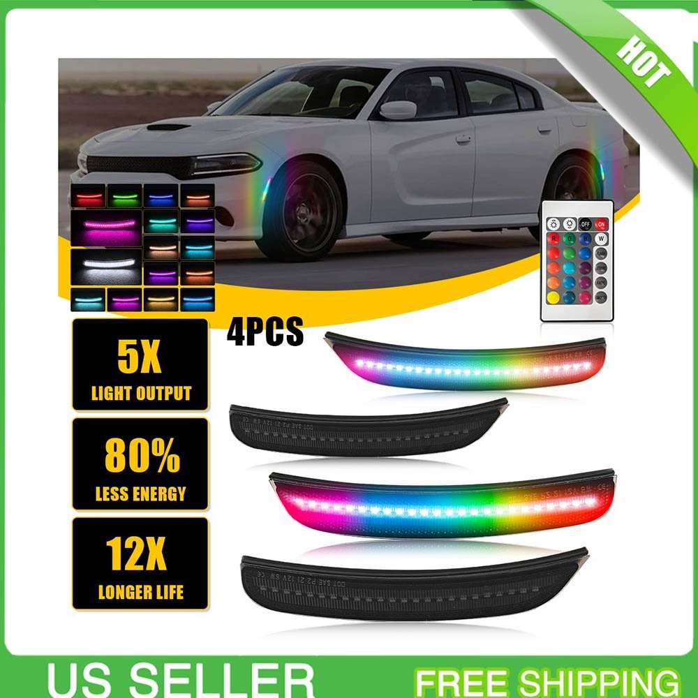 4PCS RGB LED Side Marker Lights Front Rear Lamps Set For Dodge Charger 2015-2023