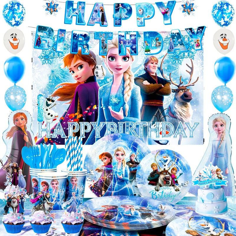 124Pcs Frozen Party Decoration Elsa Birthday Supplies Balloon Plates Cake Topper