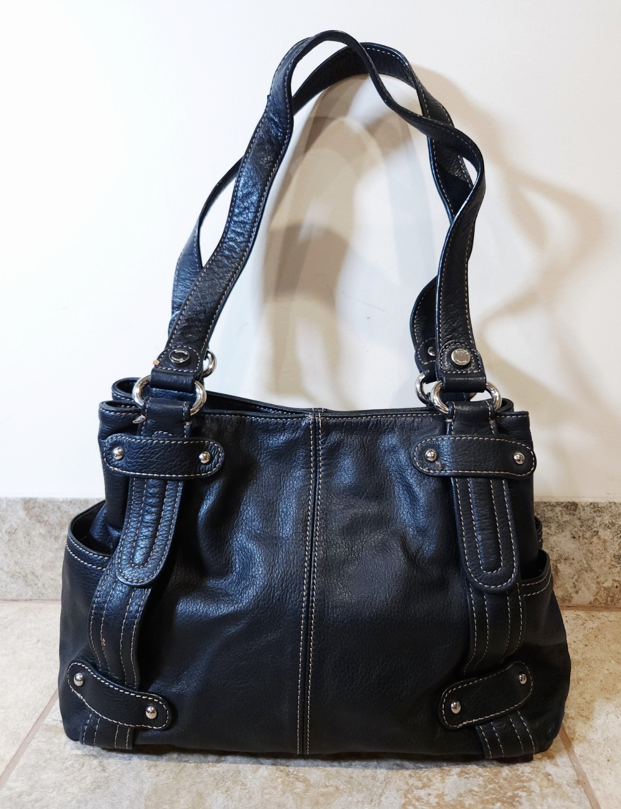 Tignanello Perfect 10 Studded Shopper Shoulder Bag Tote Travel Black Leather EUC