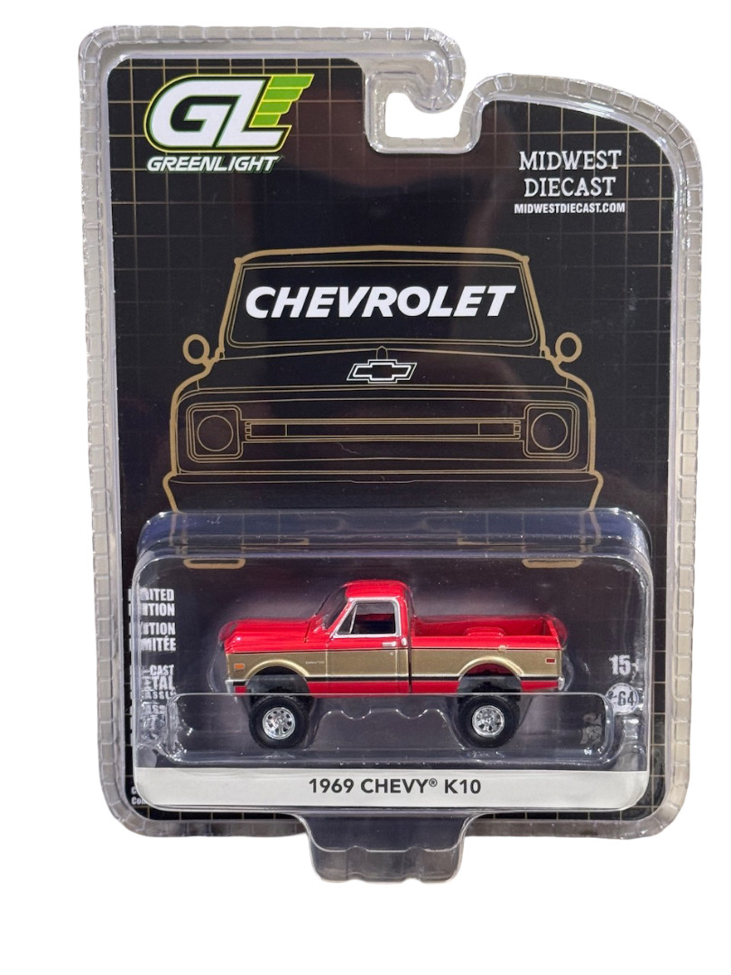Greenlight Midwest Diecast Exclusive 1969 Chevy K10 Lifted Red Gold 1/64 51687-B