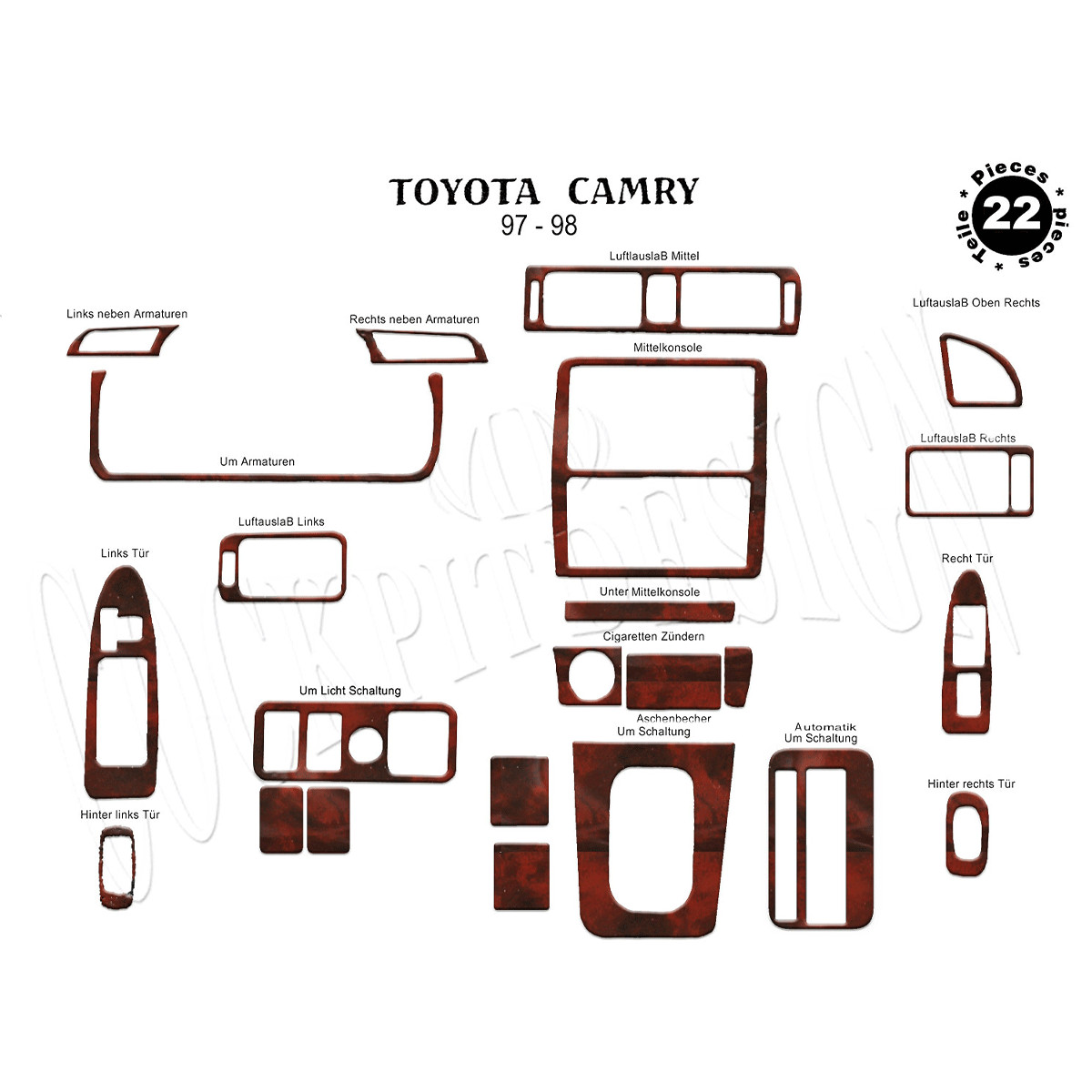 Toyota Camry 1997-1999 22Pcs Fit Interior Dash Trim Cover Kit Wood