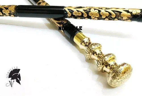 Antique Hand Carved Wooden Walking Stick Cane Solid Brass Handle Vintage Gift