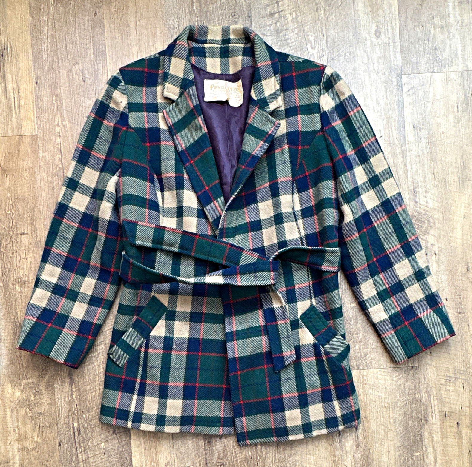 Vintage 60s-70s Pendleton Plaid Wool Tie-Belt Lined Jacket Pockets Womens 