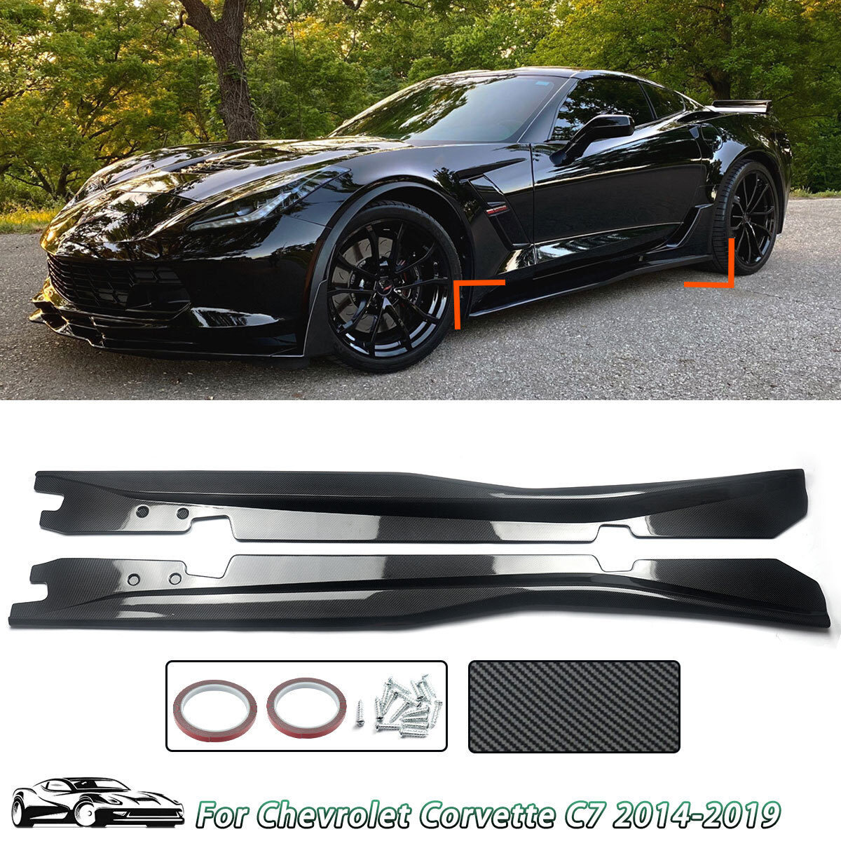 For 14-Up Corvette C7 Side Skirts Z06 Style ABS CARBON COLOR Extensions Splitter