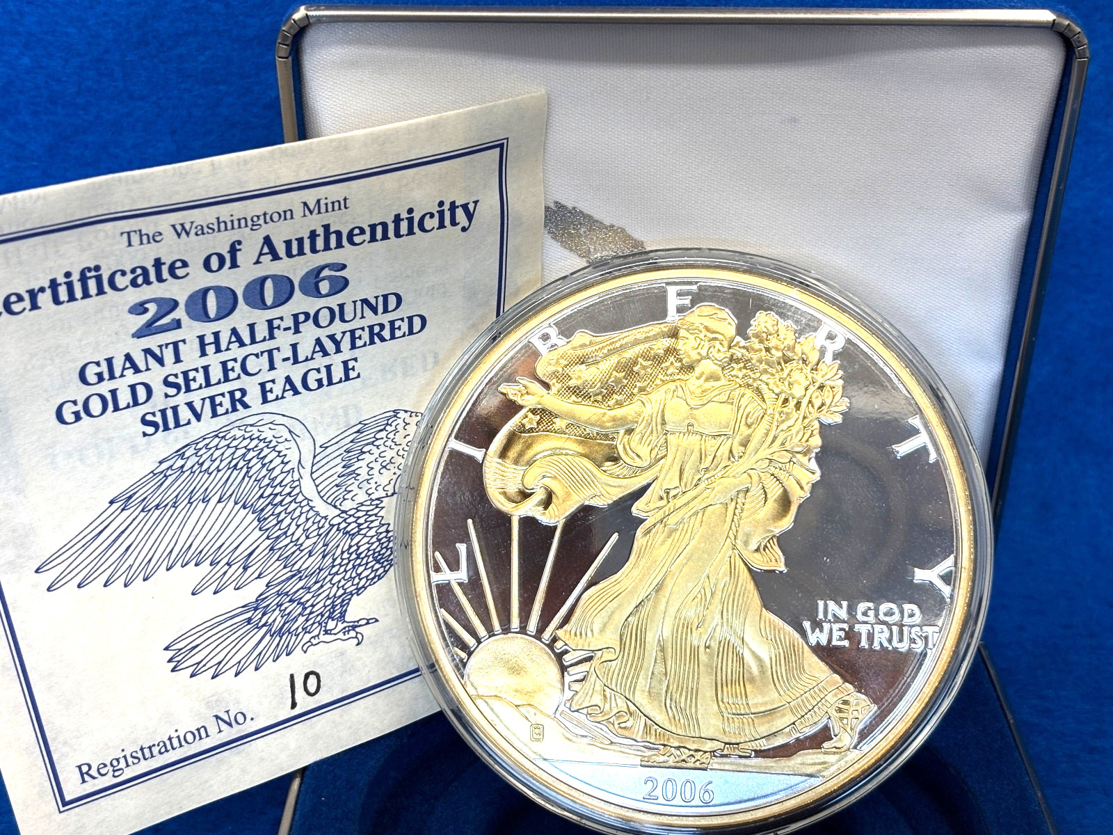 2006 Giant 8 Oz. Silver American Eagle .999 Silver + Gold Gilded w/Box + COA