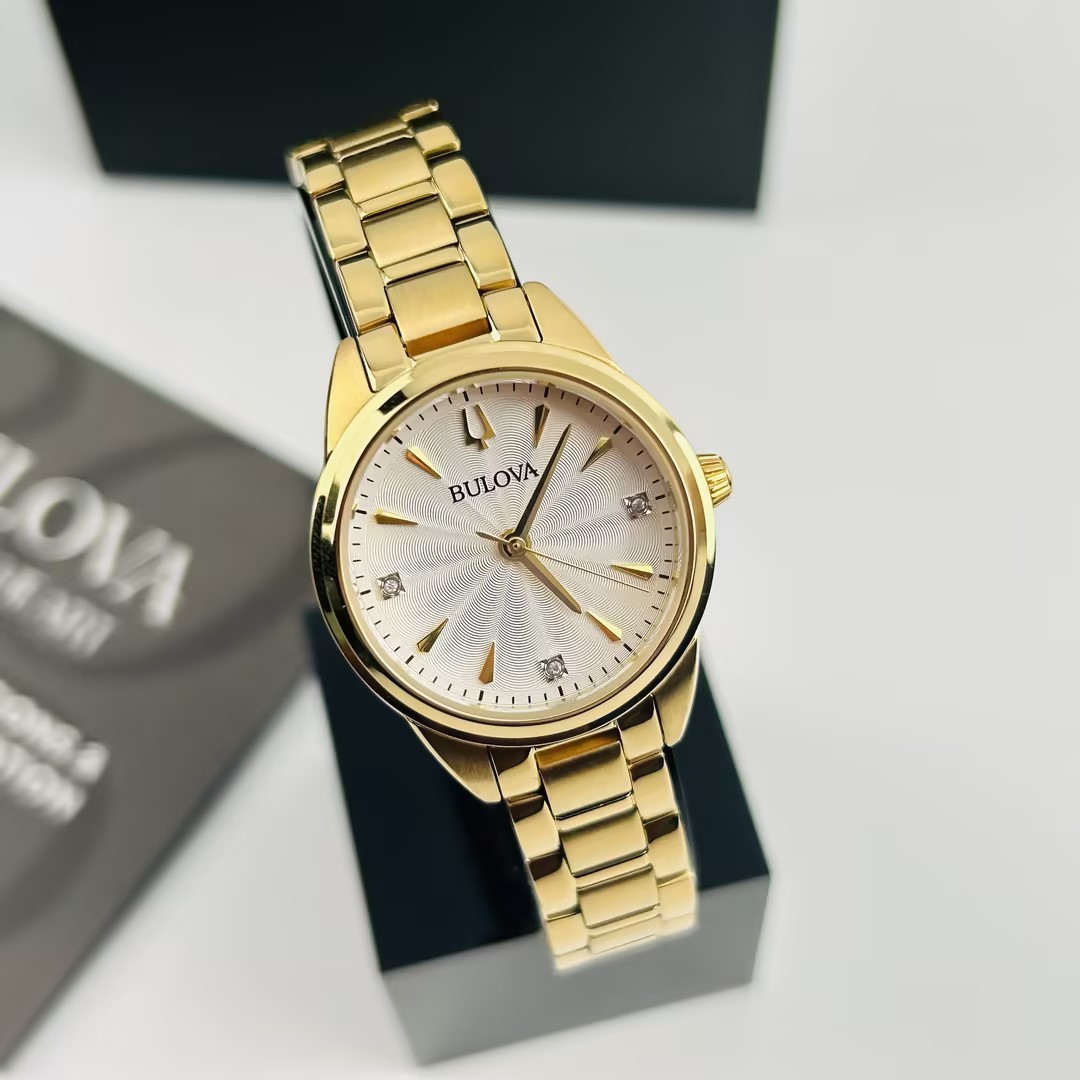 Bulova Women\'s Sutton 97P150 White Diamond Dial Gold Strap Quartz Watch 28 mm