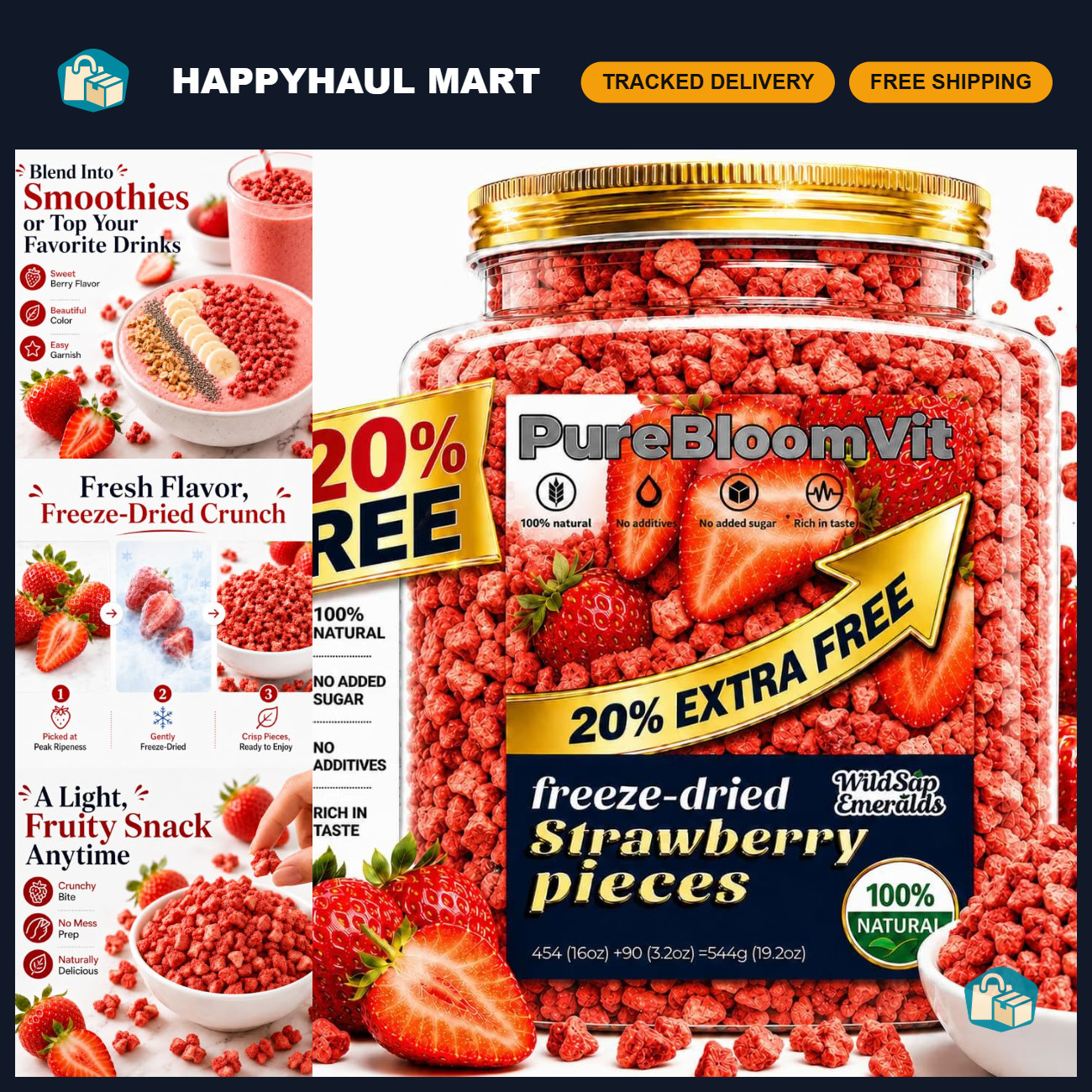 Freeze-Dried Strawberry Pieces 19.2oz Bulk - 100% Fruit, No Added Sugar, Non-GMO