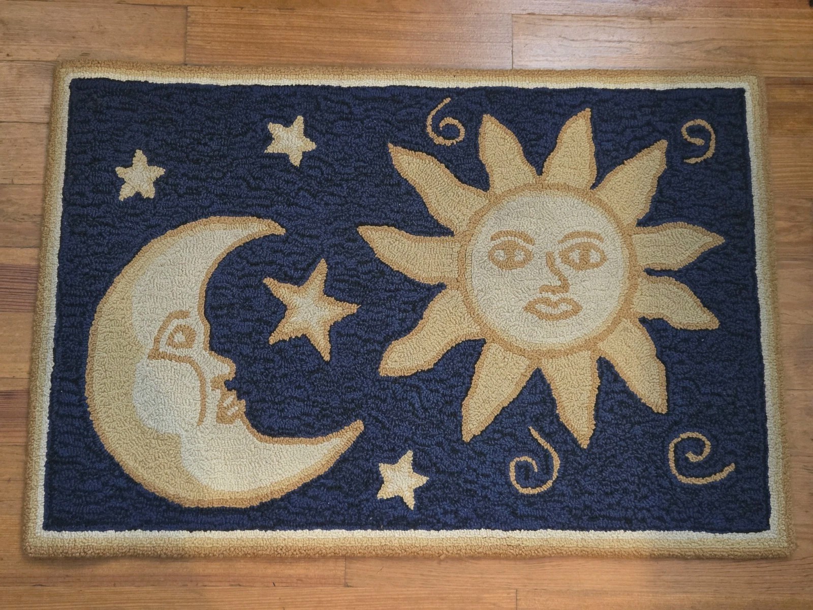 Vtg Hand Woven Celestial Rug Navy Blue Gold Sun Moon Stars Wool Area Carpet 2x3
