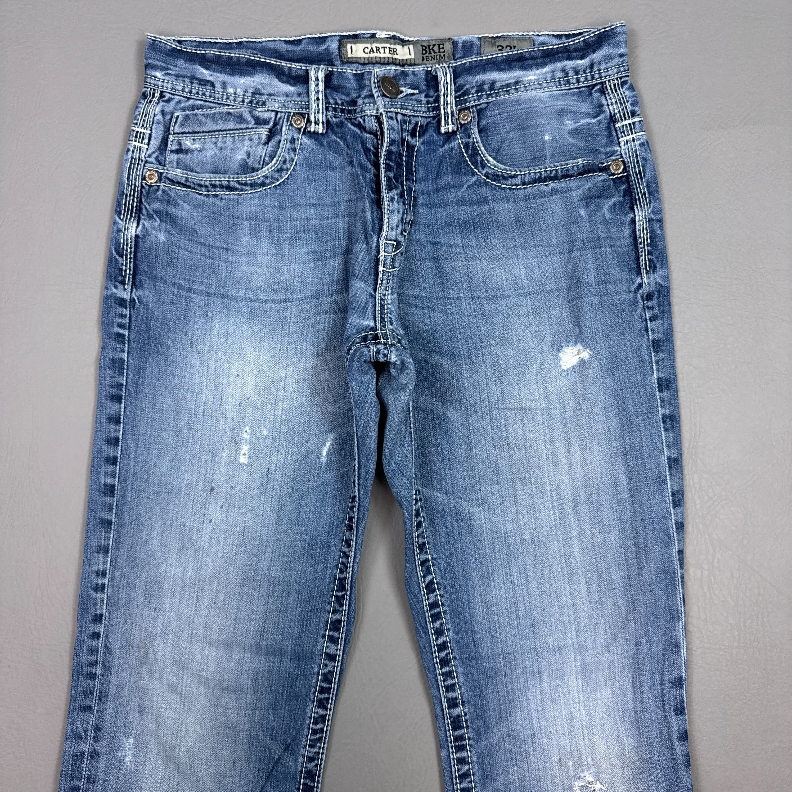 BKE Jeans Mens 32x34 Blue Carter Buckle Denim Pants Faded Distressed Thrashed