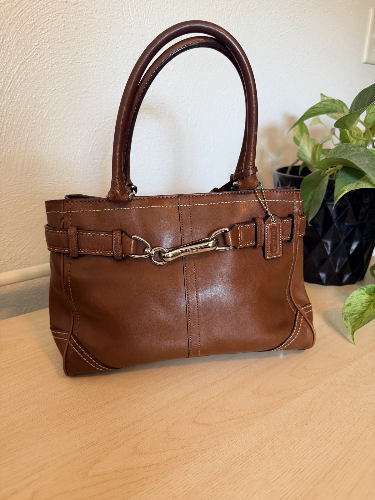 Vintage Y2K Coach Hamptons Brown Leather Carryall Handbag Satchel Tote 8A70