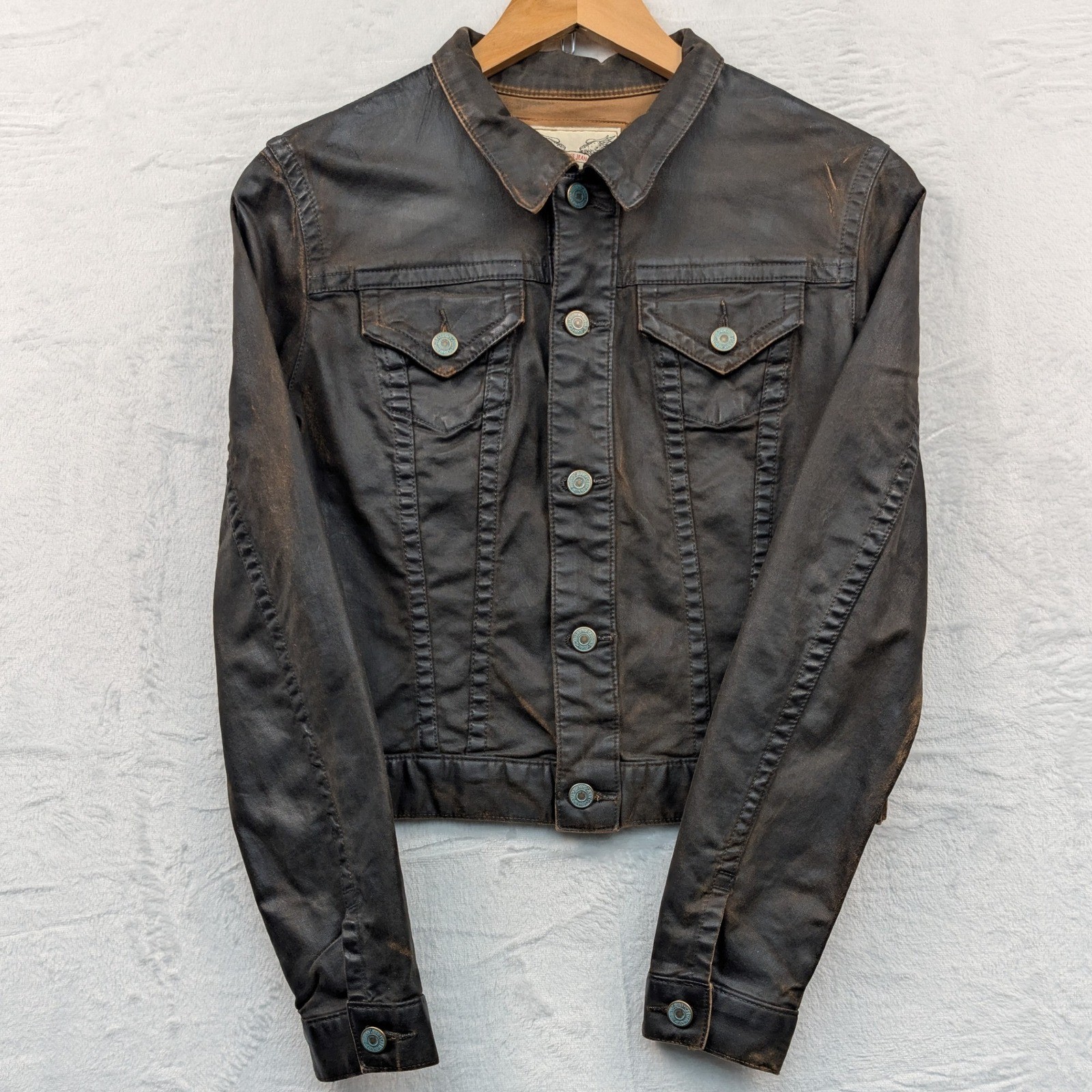 VTG Robin\'s Jean Jacket Women\'s S Brown Waxed Distressed Biker Trucker USA Y2K