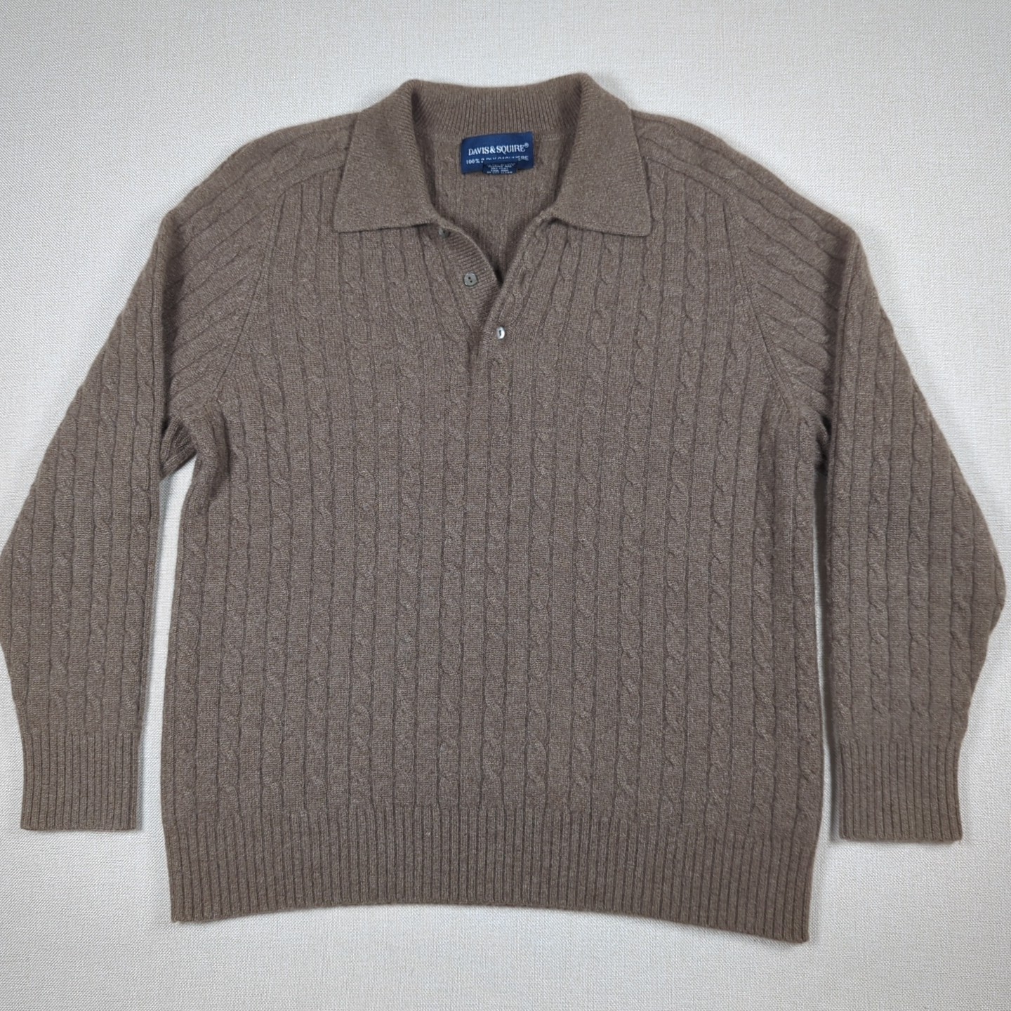 VTG Davis & Squire 2-Ply 100% Cashmere Sweater Polo Mens L Brown Cable Knit
