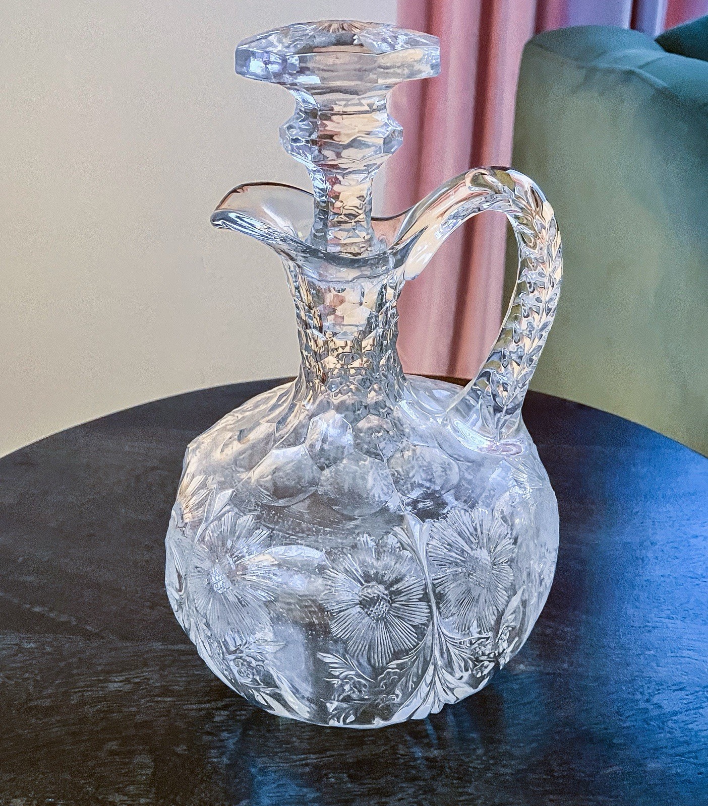 American Brilliant Period Heavy Cut  Glass Decanter with Etched Flowers, Rare