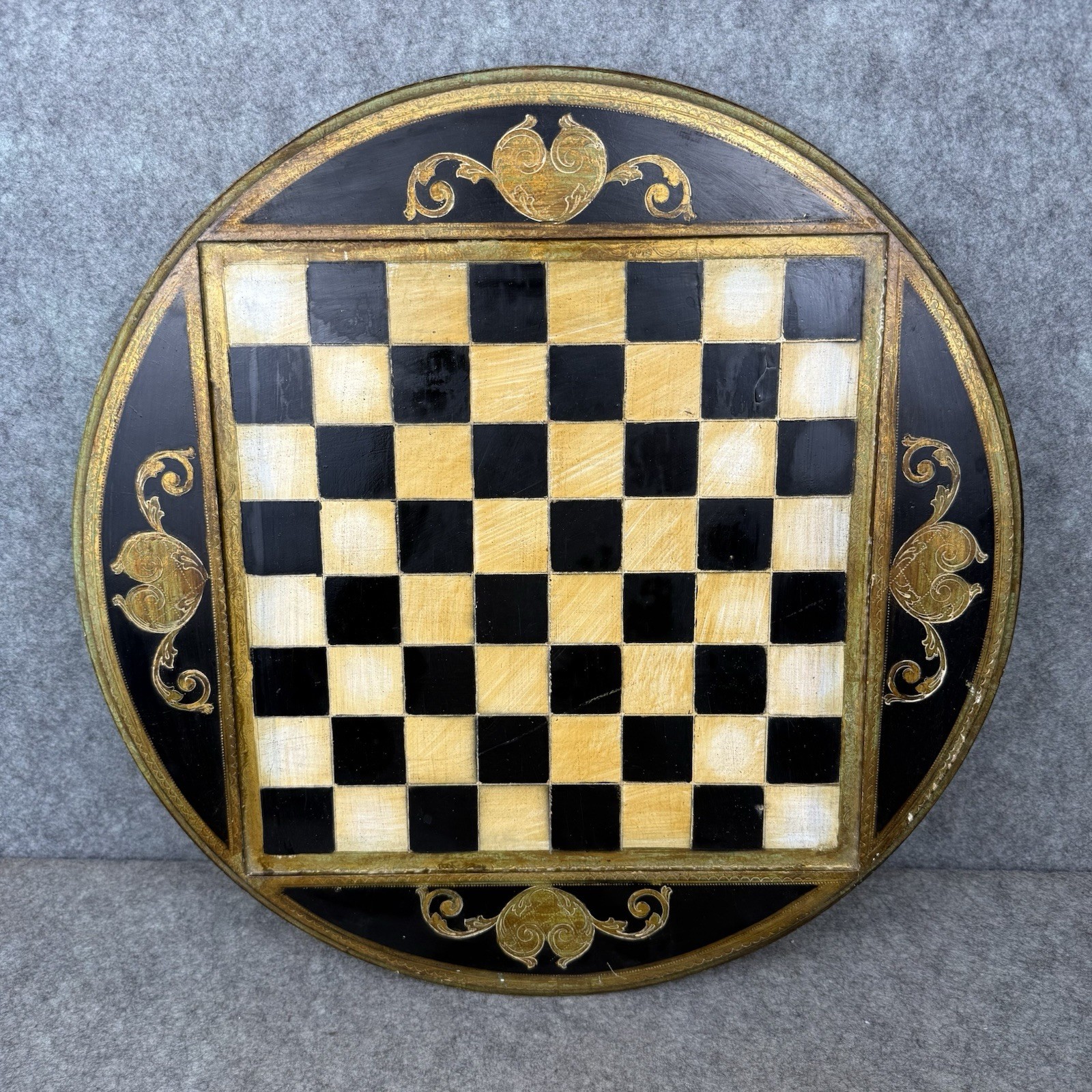 Antique Round Wood Checkers Board Game Made In Italy Gilted Details