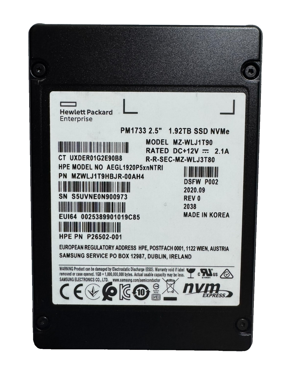 HPE Samsung PM1733 1.92TB 2.5\