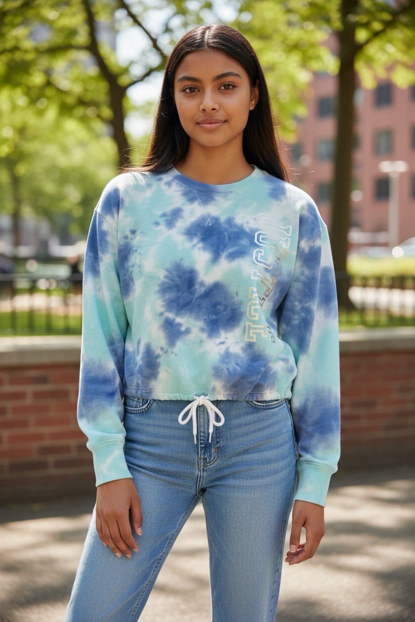 NWT Justice Active Girls Tie Dye Crop Sweatshirt Blue Size 12 Drawstring Hem