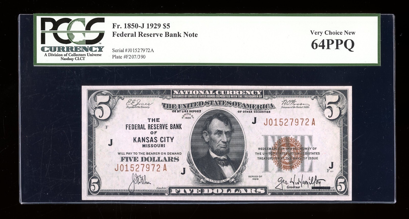 DBR 1929 $5 FRBN Kansas City Fr. 1850-J PCGS 64 PPQ Serial J01527972A