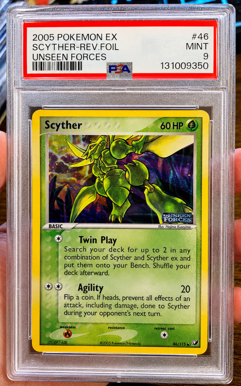 Unseen Forces Scyther Reverse Foil Stamped 46/115 2005 Pokémon Pop 86 PSA 9