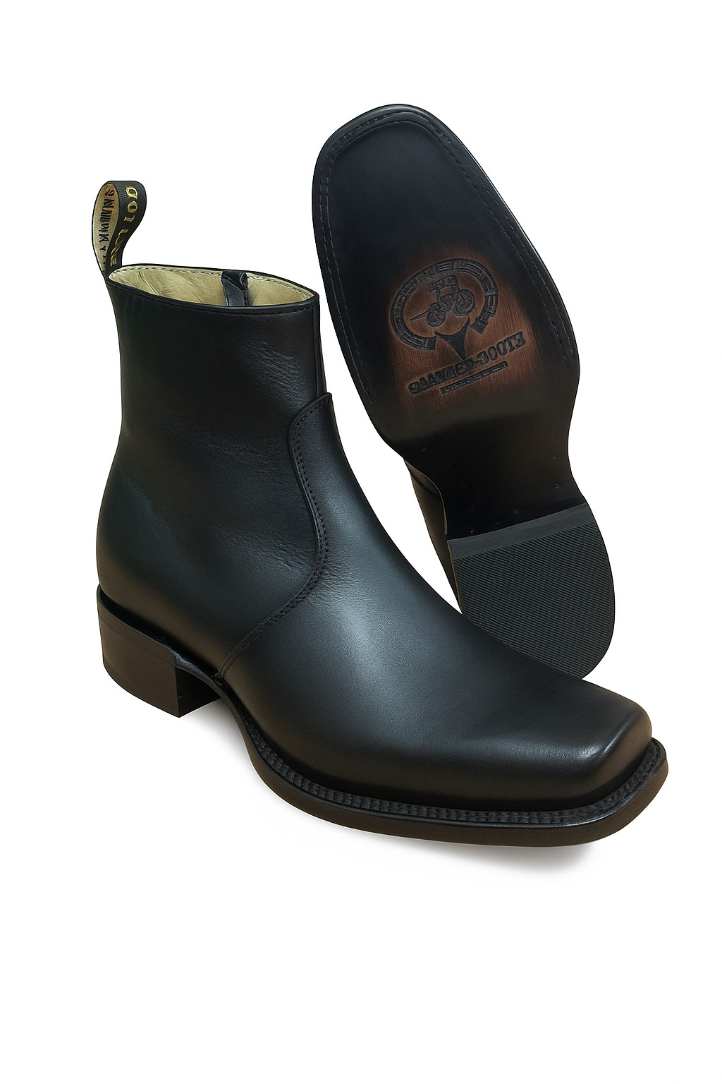 Men\'s Western Cowboy Square Toe Black Mexican Leather Ankle Boot with Zipper 266