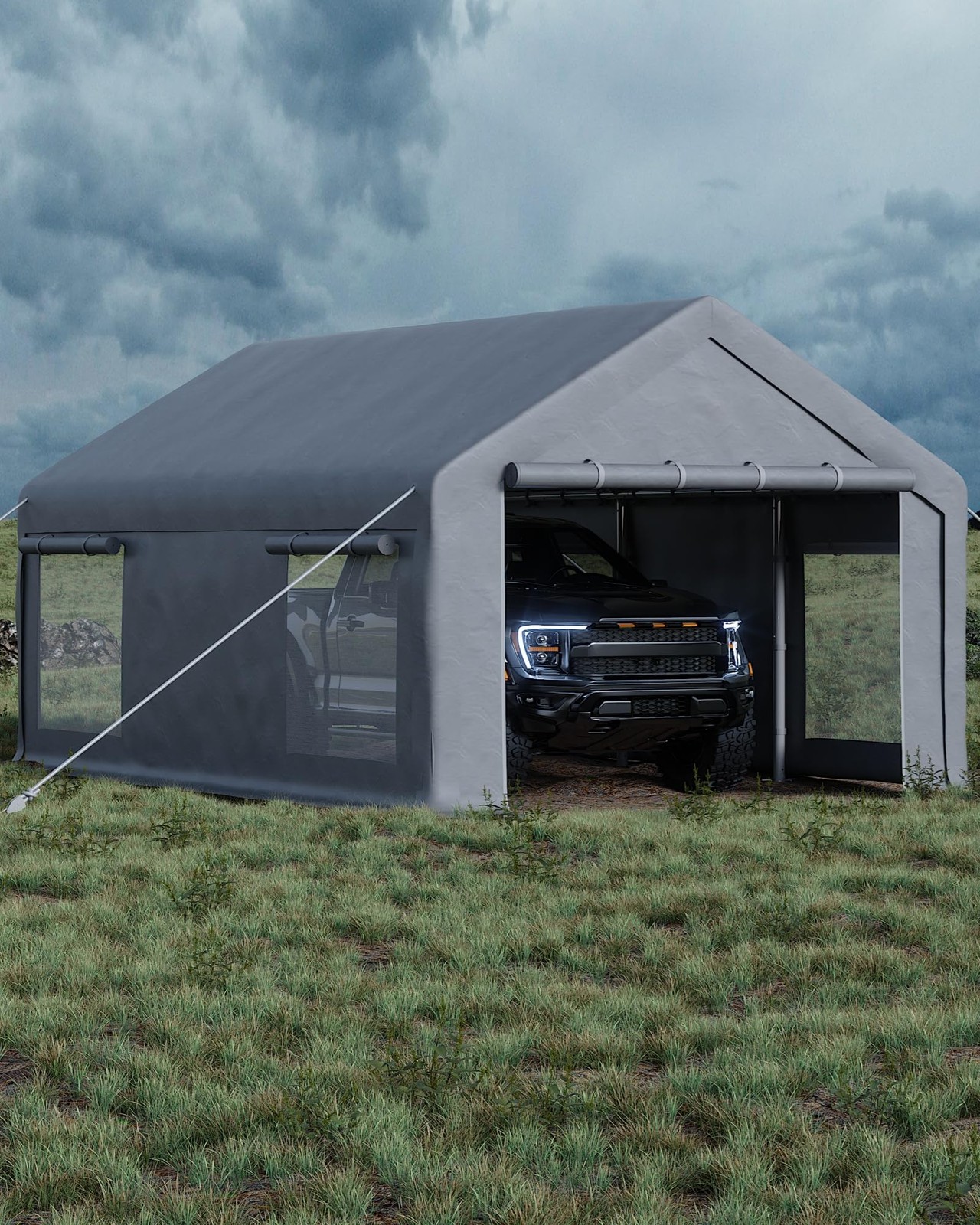 10x20ft Carport Canopy, 200g PE Tarp, 2 Roll-Up Doors & 4 Windows, Event Shelter