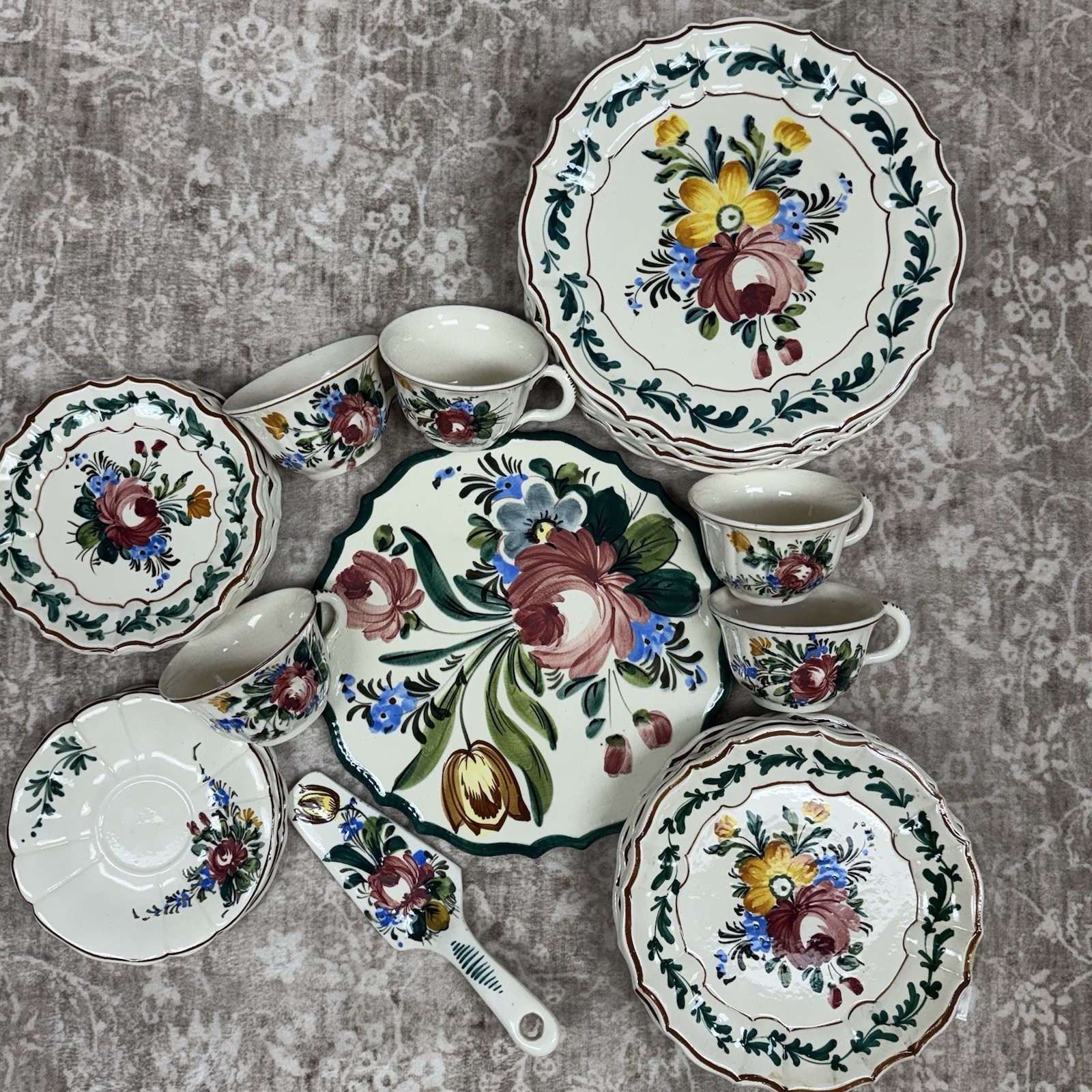 VTG Italian Hand Painted Pottery Plates Cups Floral Majolica Style MCM Cottage