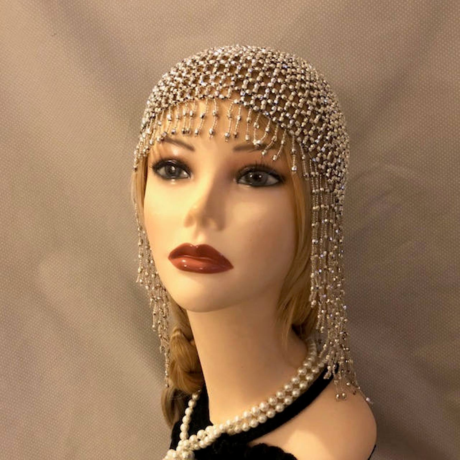 1920s style FULLY Beaded Silver Fringe FLAPPER Head cap skull headpiece 1920s style FULLY Beaded Silver Fringe FLAPPER Head cap skull headpiece