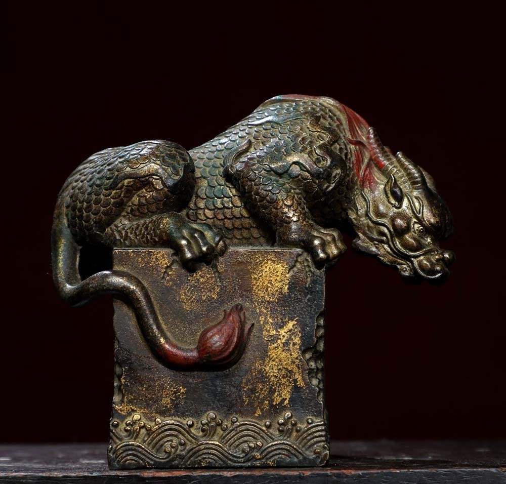 Qianlong Signed Old Chinese Bronze Statue w/kylin N2804