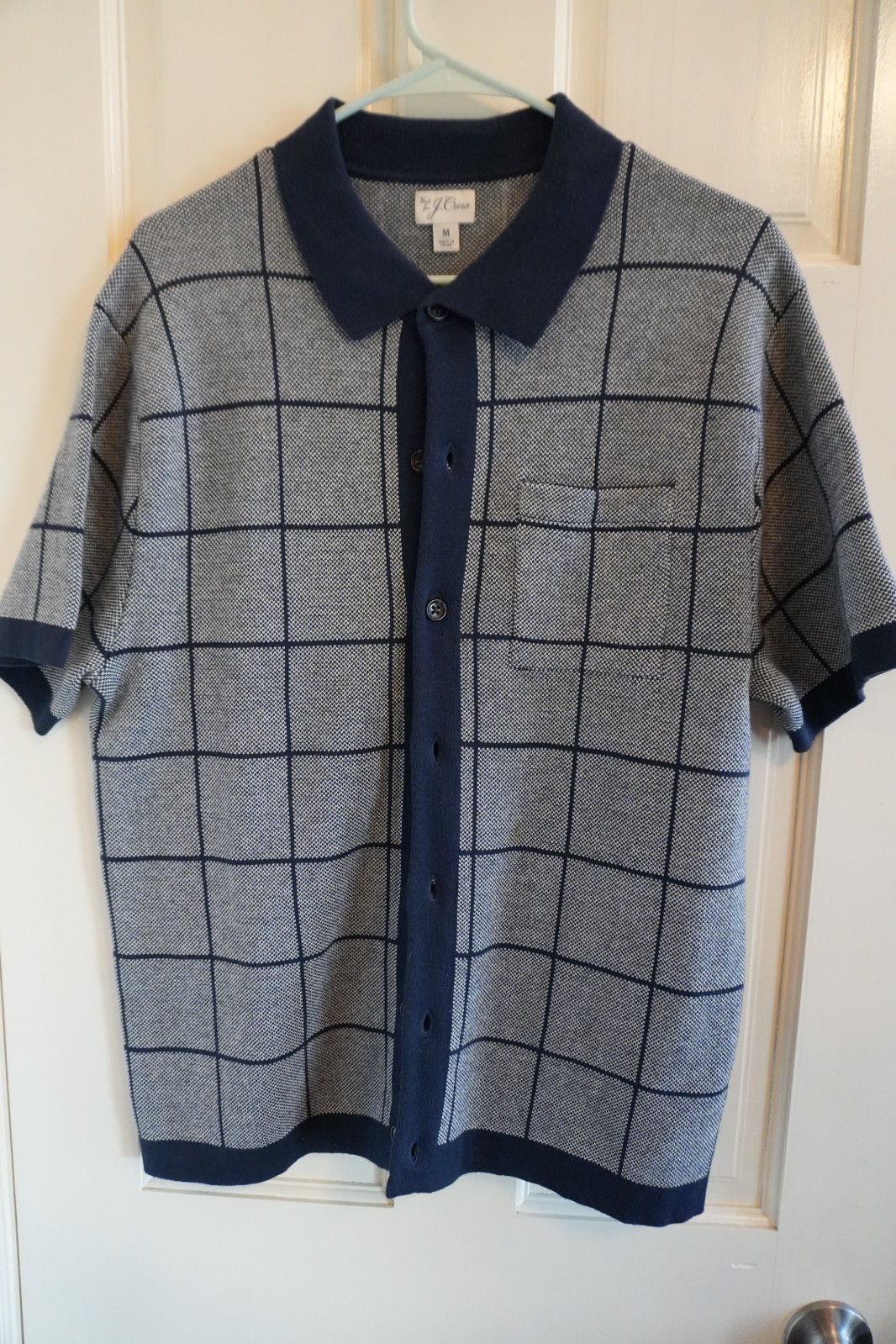Knit for J. Crew Men\'s Medium Short-Sleeve Navy Checkered Sweater Shirt