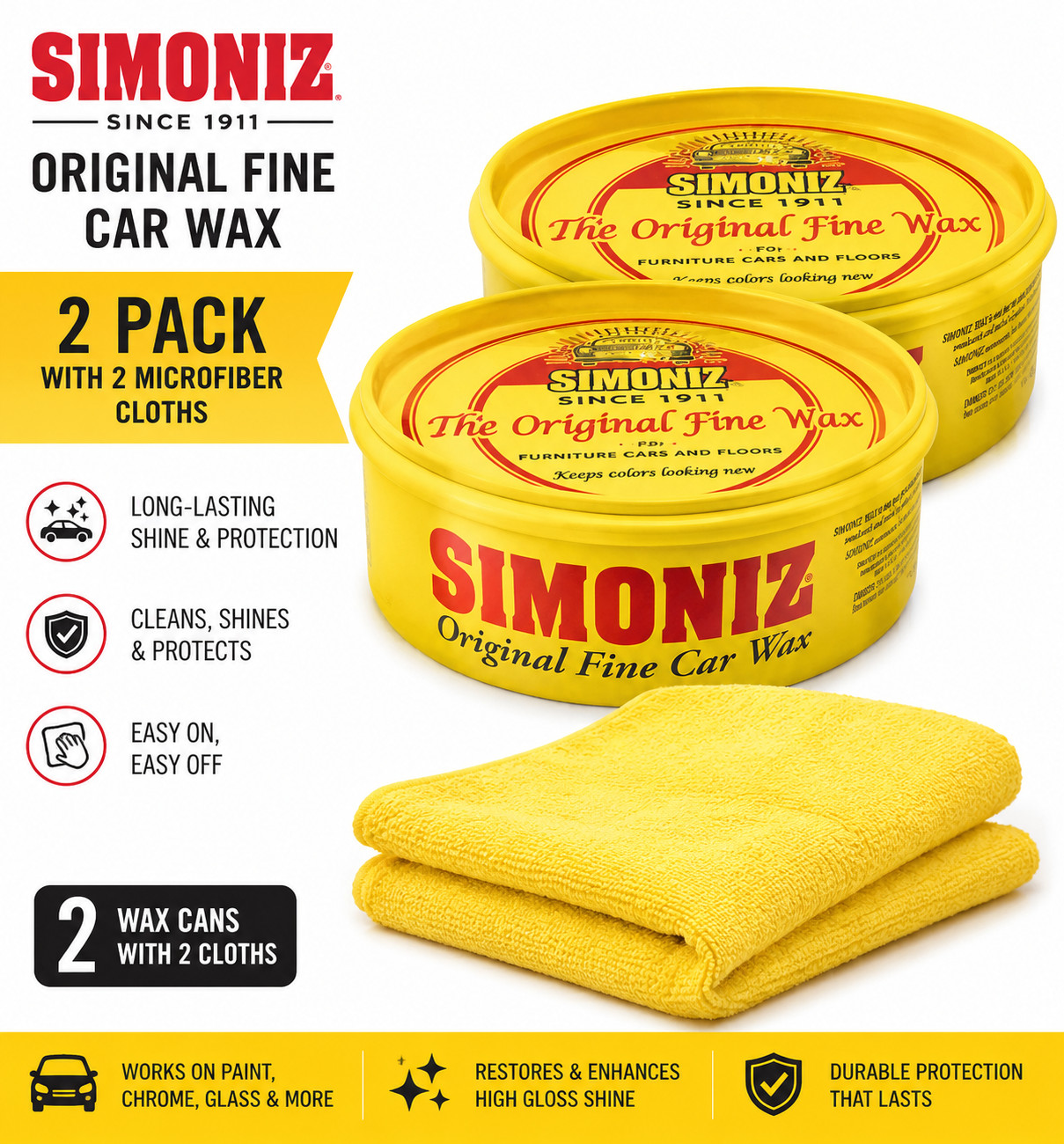 Simoniz Original Fine Car Wax – 2 Pack with 2 Microfiber Cloths