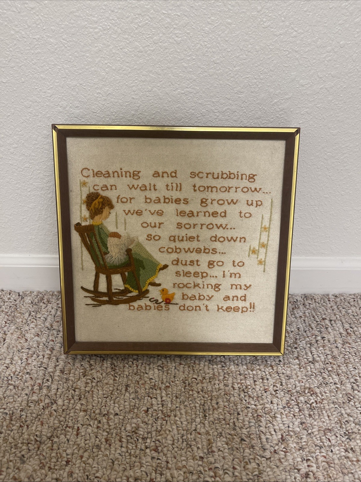 Vintage 1970's Embroidery Cross Stitch Cleaning Can Wait Babies Don’t Keep Frame Vintage 1970's Embroidery Cross Stitch Cleaning Can Wait Babies Don’t Keep Frame