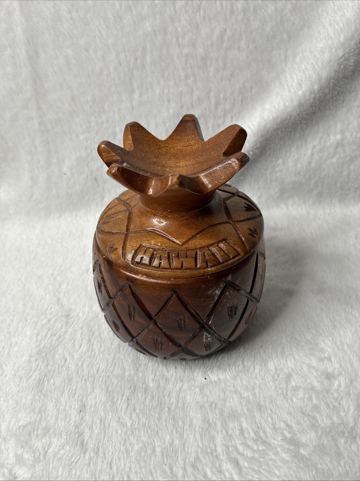 Vtg Hawaii Wooden Pineapple Trinket Box or Jar w/ Lid Hand Carved Hand carved
