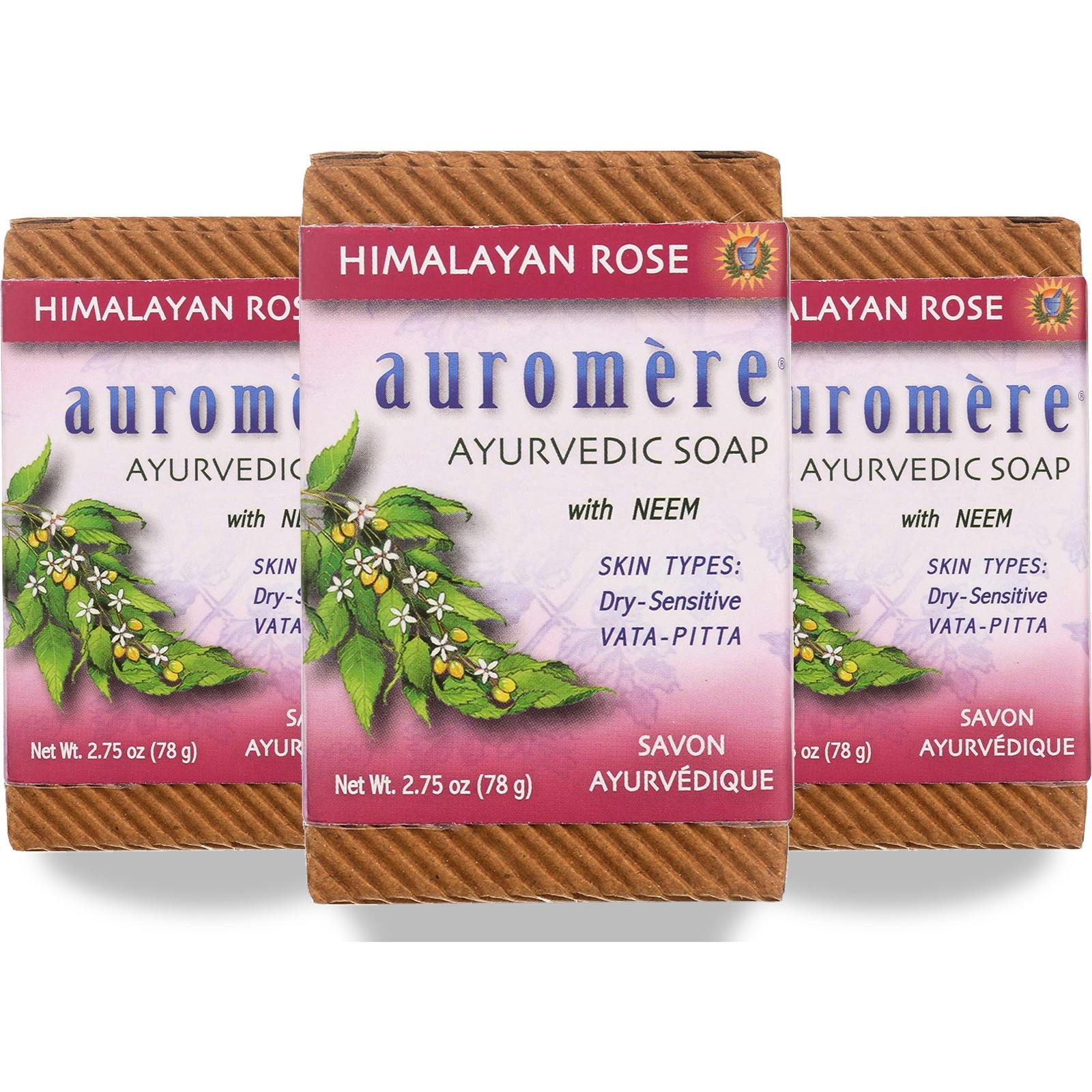 Auromere Ayurvedic Bar Soap Himalayan Rose With Neem 2.75 Oz 78 G 3 Pack