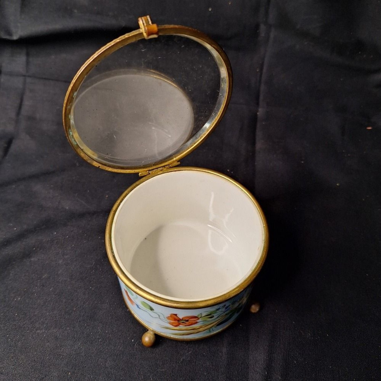 Antique 19th Century French Hand Painted Porcelain Trinket Box Brass Feet / lid Antique 19th Century French Hand Painted Porcelain Trinket Box Brass Feet / lid