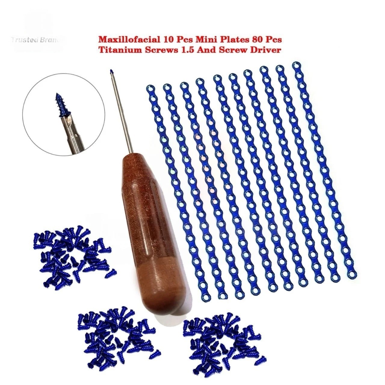 Maxillofacial 10 Pcs 1.5mm Mini Plates 80 Pcs Titanium Screws & Screw Driver Set Maxillofacial 10 Pcs 1.5mm Mini Plates 80 Pcs Titanium Screws & Screw Driver Set