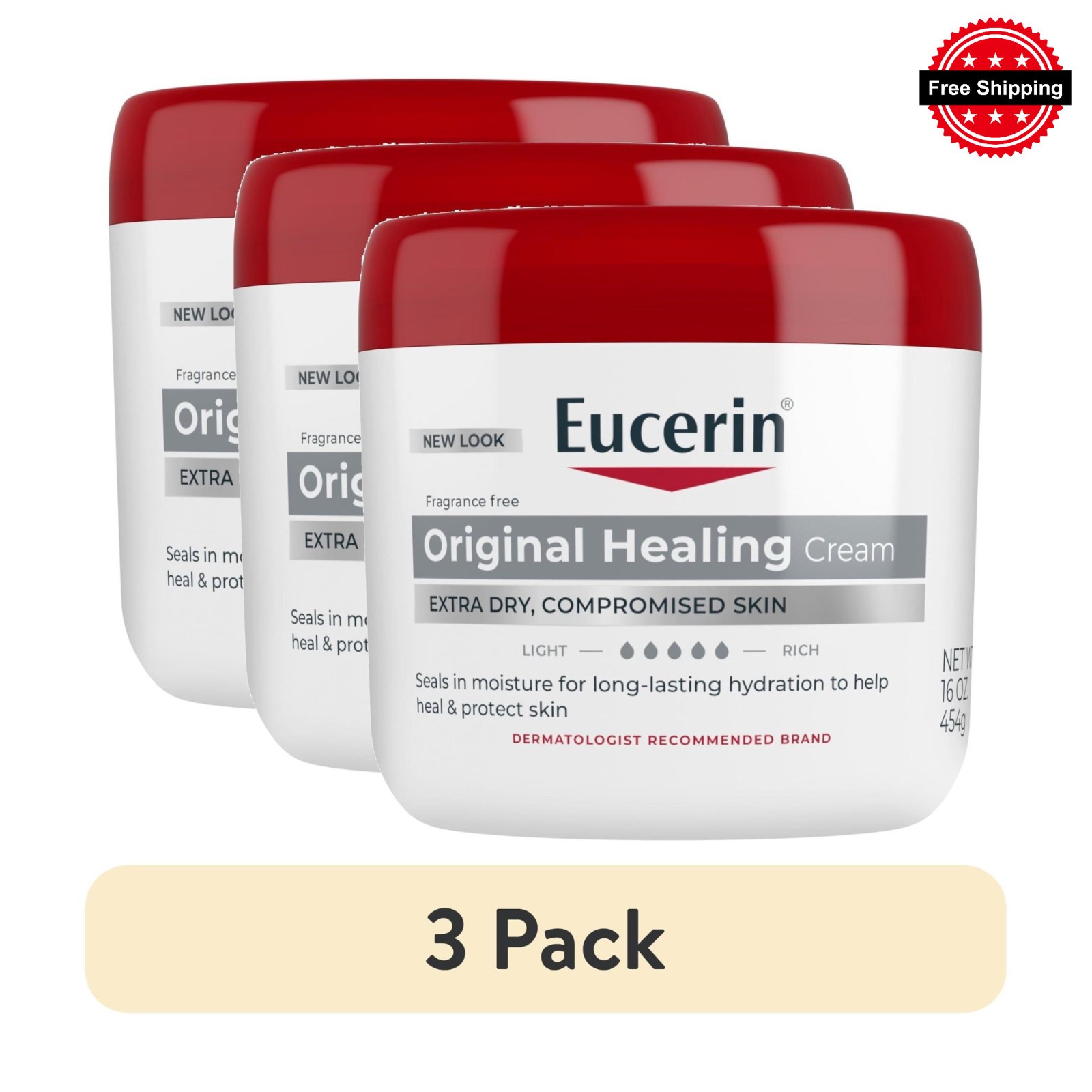 3 Pack Eucerin Original Healing Cream Dry Skin 16 oz 
