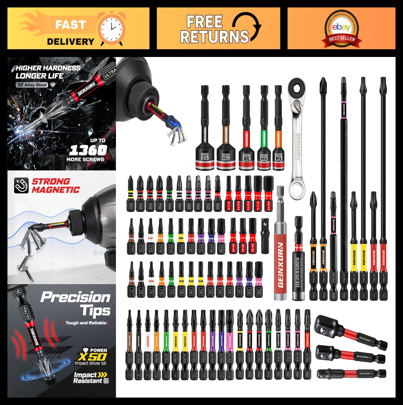 82-Piece Magnetic Impact Screwdriver Bit Set - S2 Steel Phillips, Torx, Hex, Nut 82-Piece Magnetic Impact Screwdriver Bit Set - S2 Steel Phillips, Torx, Hex, Nut