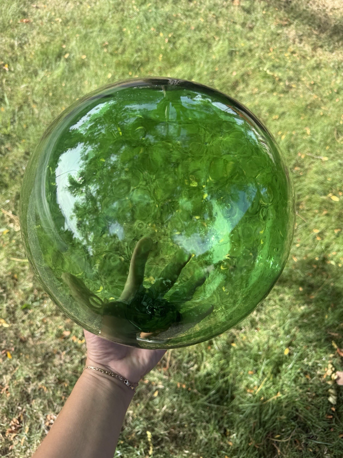 Vintage Large Japanese Hand Blown Nice Green Glass Fishing Float Buoy Ball  10”