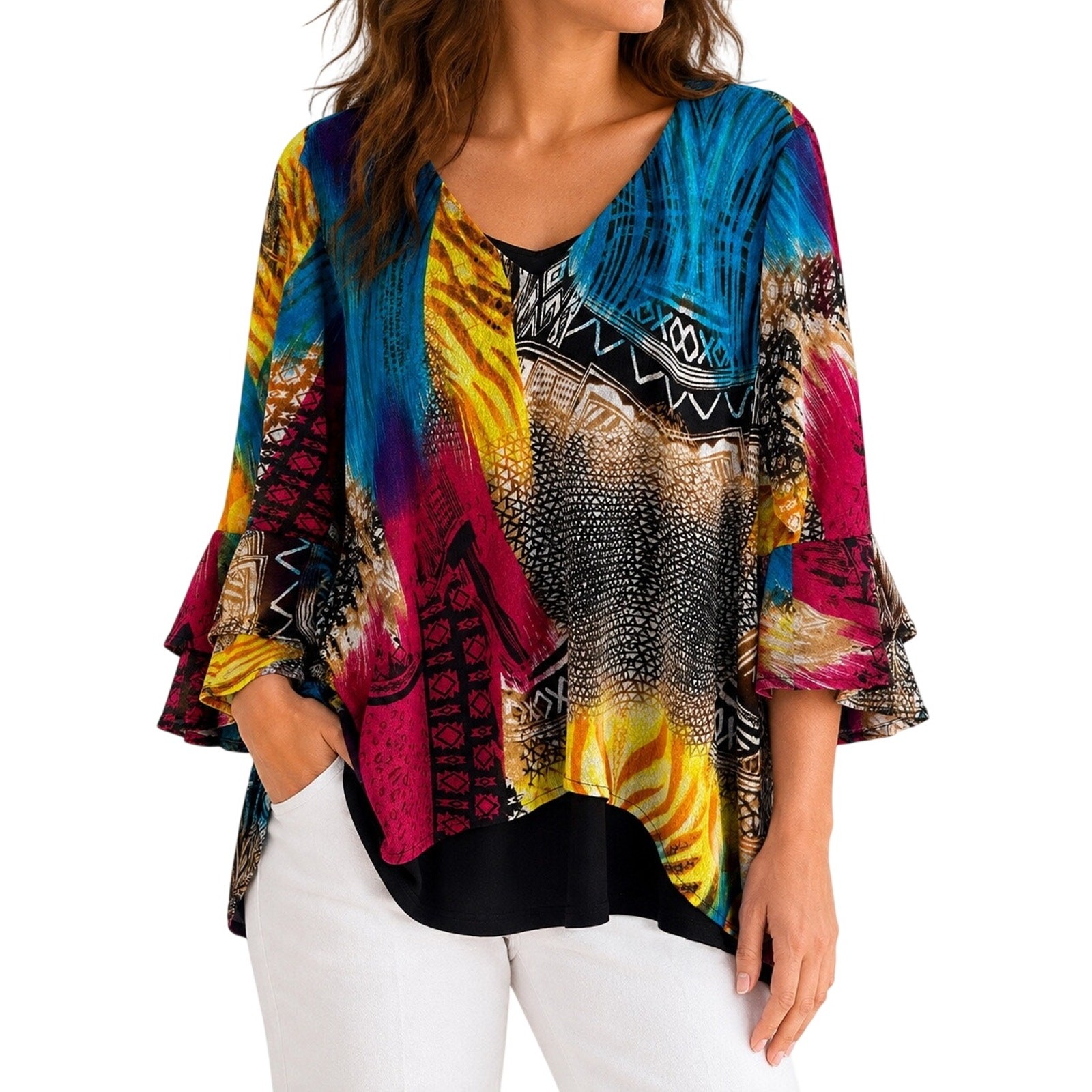 Calessa Plus Size 3X Wearable Art Blue Yellow Unique Artsy Blouse Shirt Top