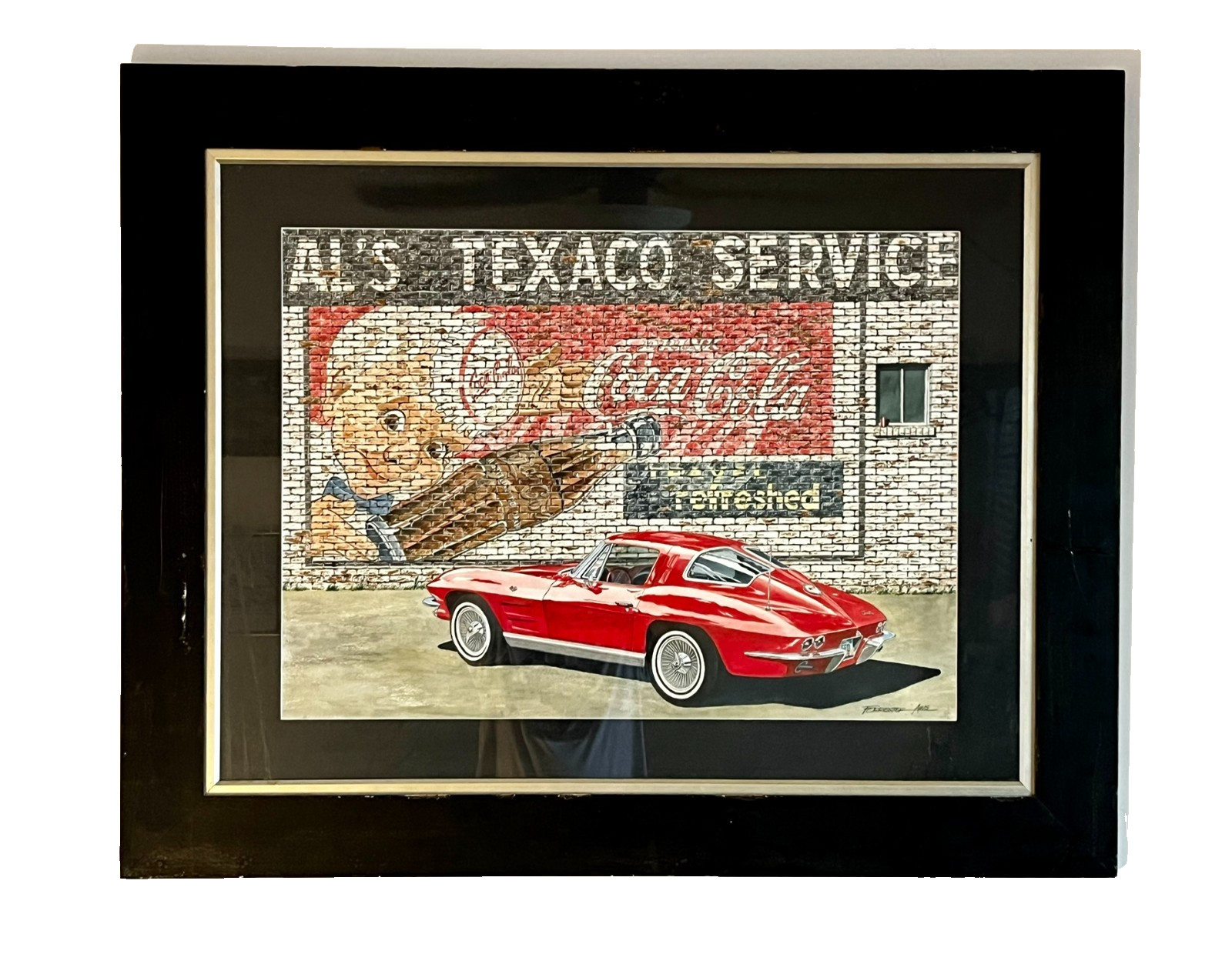 Dana Forrester Original Artwork- 1963 Red Corvette against Coca Cola Brick Mural