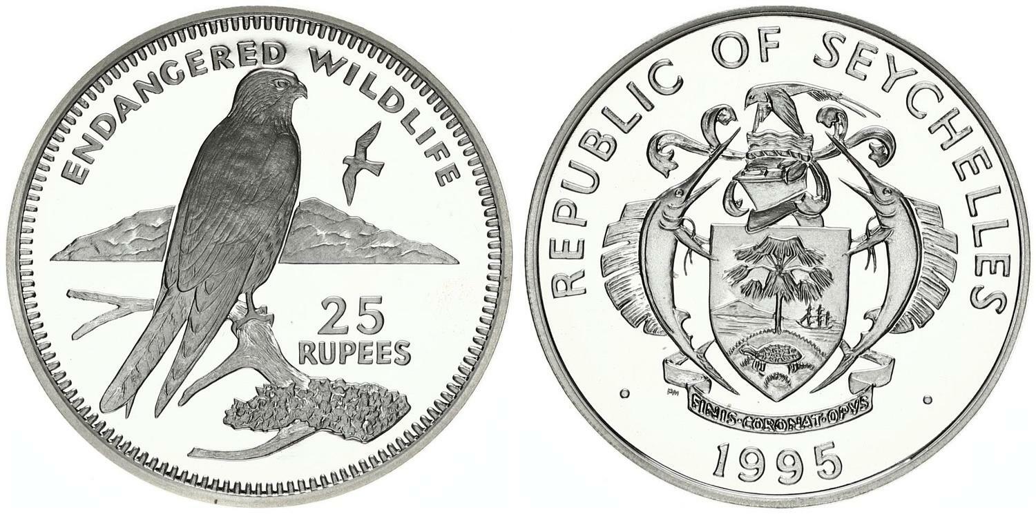 1995 Seychelles Large Proof Silver  25 Rupees Kestrel bird