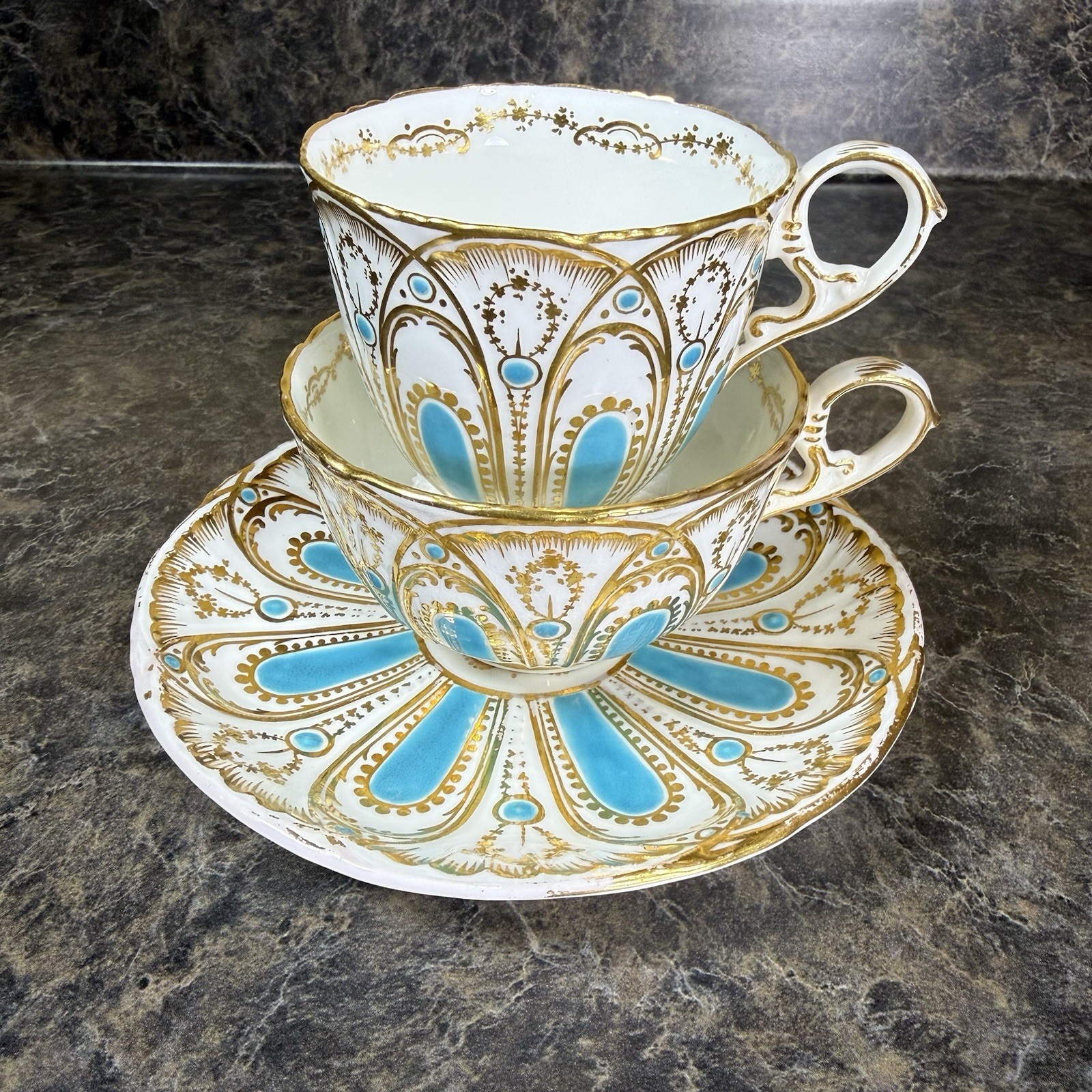 Stunning Rare 19th Century Coalport Trio Coffee Tea Cup Saucer Turquoise Blue