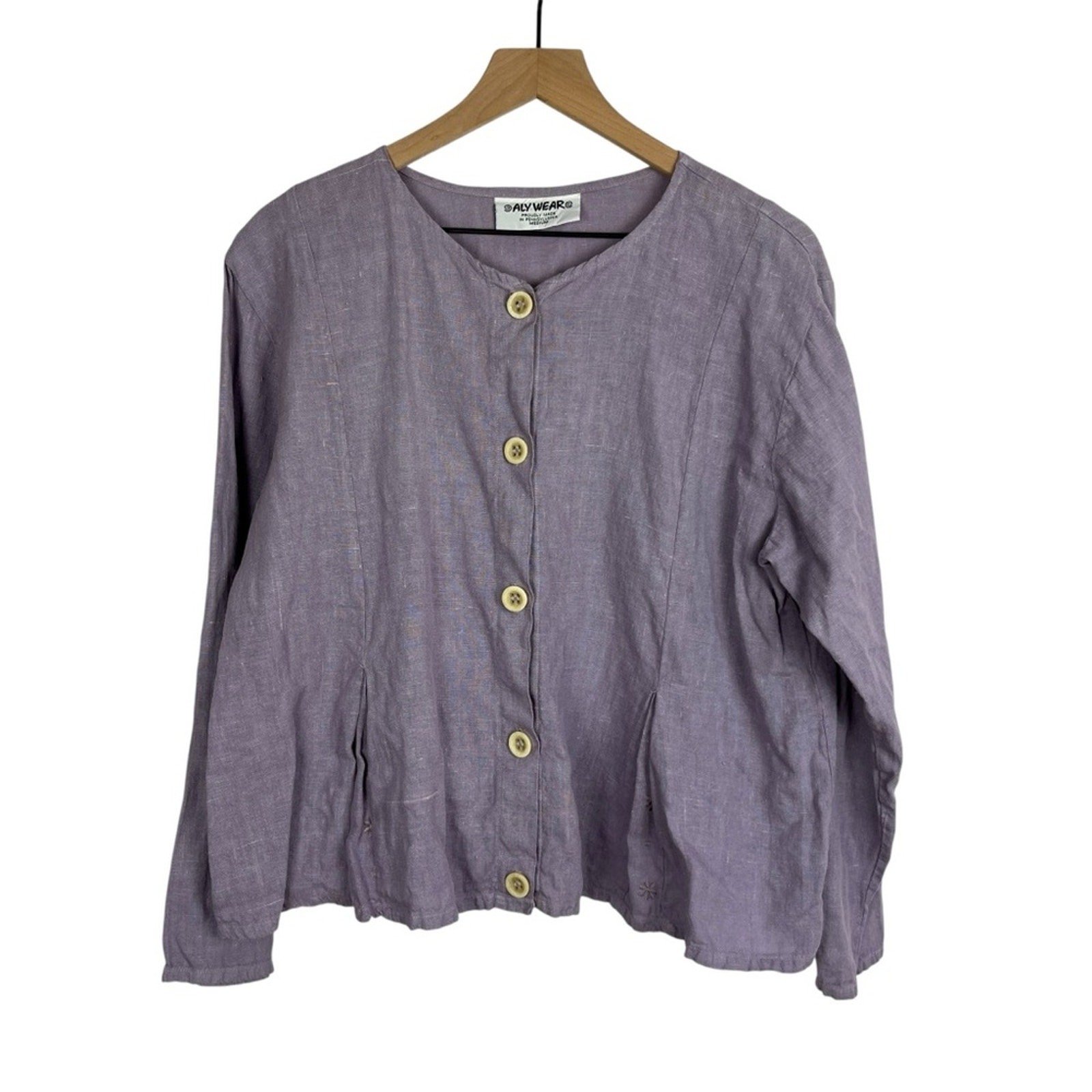 ALY WEAR Womens Linen Blouse Top Purple M Button Up Embroidered Detail Lagen