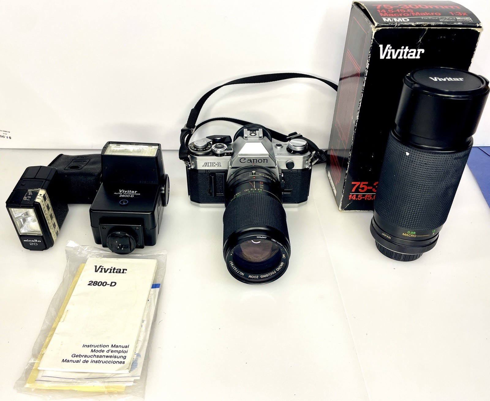 Vintage Canon AE-1 35mm Camera Lot Lenses Flash Bag Tested Working