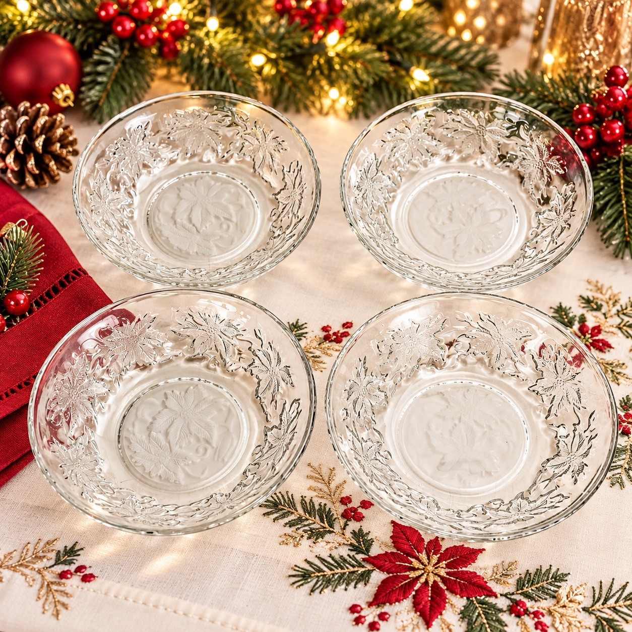 Vintage Princess House Fantasia Poinsettia Crystal Bowls 5.5” Set of 4