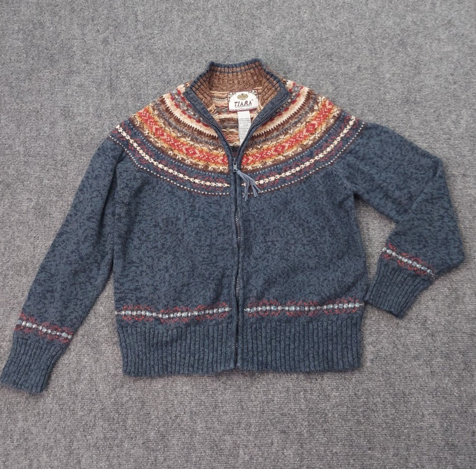 Vtg Tiara International Sweater Womens XL Blue Fair Isle Granny Core Zip Up READ