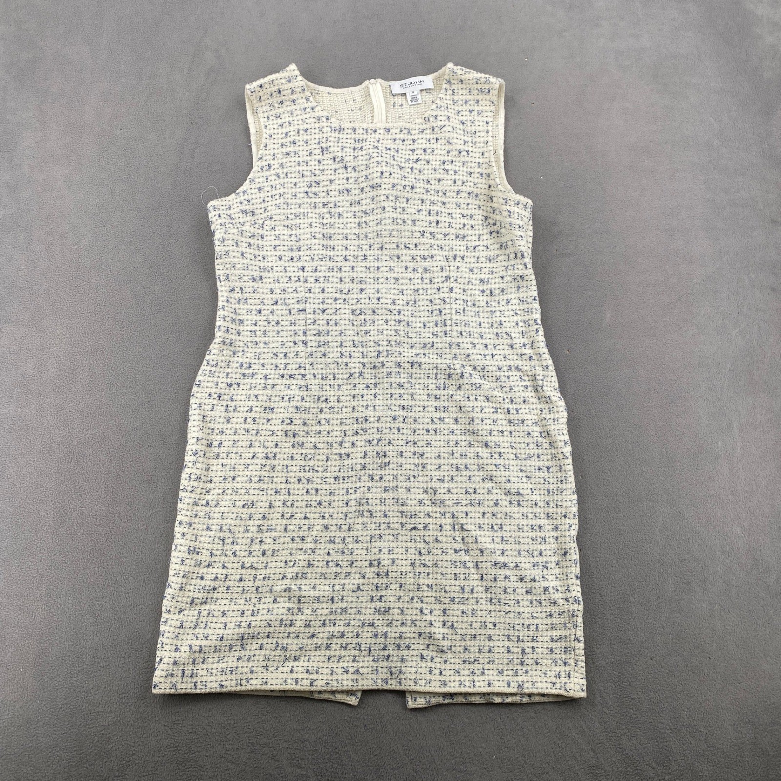 St. John Collection Cream Blue Textured Wool Blend Knit Sleeveless Dress Size 10
