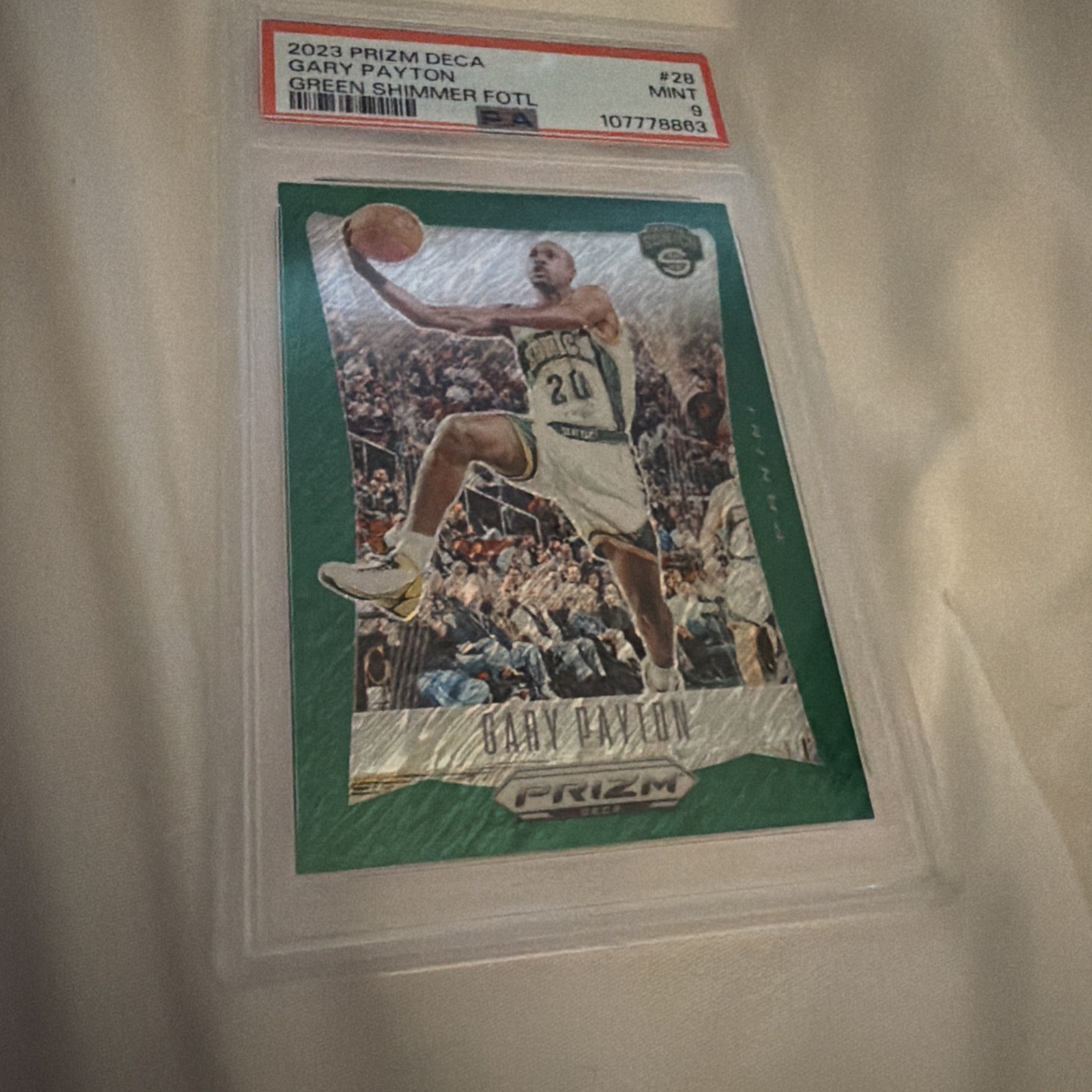2023-24 Panini Prizm Deca Gary Payton #28 Green Shimmer FOTL 3/12 PSA 9 2023-24 Panini Prizm Deca Gary Payton #28 Green Shimmer FOTL 3/12 PSA 9
