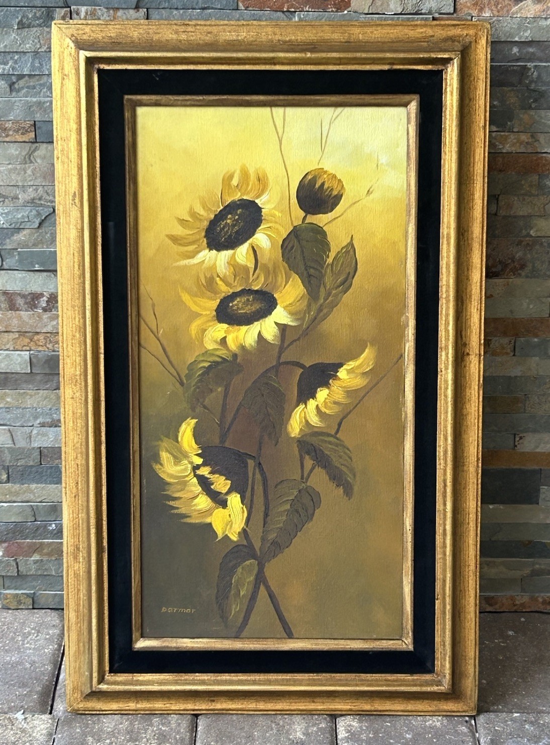 VTG Yellow Sunflower Oil Painting Still Life Signed Black Velvet Liner 12x24 MCM
